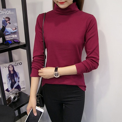 2016秋冬新款韩版修身上衣T恤女长袖 纯色高领加厚保暖大码打底衫