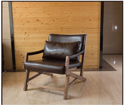 复古做旧个性实木扶手休闲躺椅 简约皮艺布艺单人沙发椅咖啡椅子
