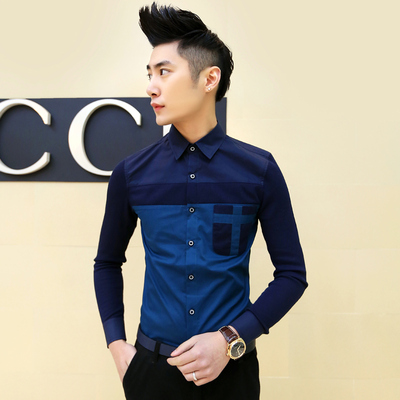 2015秋男士长袖衬衫男式款青少年外套韩版修身型男衬衣针织袖男装