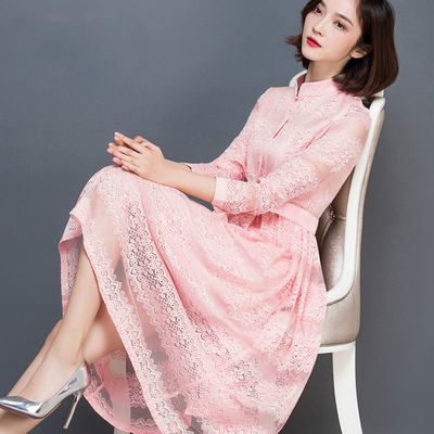 秋装女装2016新款气质韩版修身夏季长裙仙女春装蕾丝长袖连衣裙子
