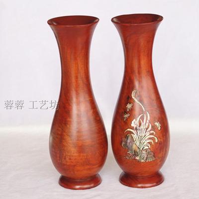 越南红木工艺 花梨木花瓶 圆口镶贝壳花瓶 复古实木美观插花瓶