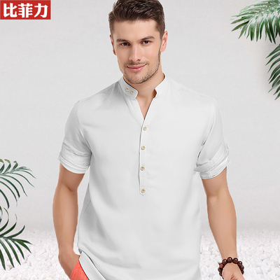 比菲力2015秋夏款亚麻衬衫 男士亚麻短袖纯色衬衫 休闲男装白衬衣