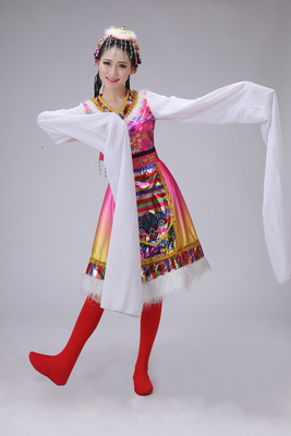 少数民族舞蹈服长短水袖藏族舞蹈演出服装藏袍藏族舞台表演服饰女