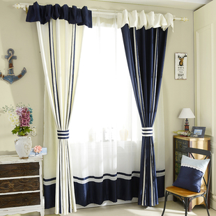 高档成品定制窗帘极简地中海新款拼接客厅卧室飘窗蓝色窗帘