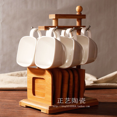 【天天特价】创意欧式陶瓷咖啡杯套具配竹木架小资花茶奶茶杯套装