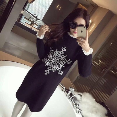 2015冬季新款韩版时尚潮流蕾丝拼接假两件中长款针织毛衣连衣裙女