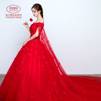 蕾丝一字肩飘带拖尾红色婚纱礼服新款2016秋季新娘显瘦奢华韩式女