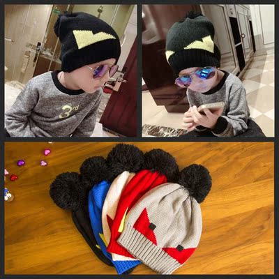 2015秋冬季韩版新款儿童男女宝宝小怪兽毛球毛线套头护耳保暖帽子