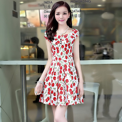 2015夏季装新款品牌女装韩版修身显瘦碎花甜美棉短袖连衣裙短裙子