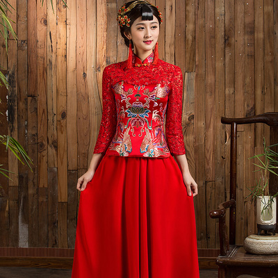 新娘旗袍敬酒服2015新款秋季新款中式结婚礼服复古长红色蕾丝旗袍