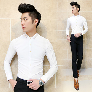 男士长袖衬衫商务休闲职业白色衬衫男韩版修身寸衫