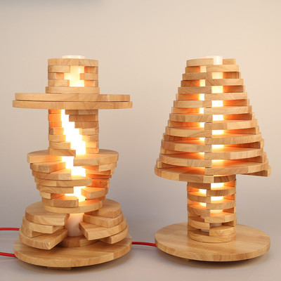 伊瓦原木创意积木层叠塔床头LED个性实木卧室DIY榻榻米百变木台灯