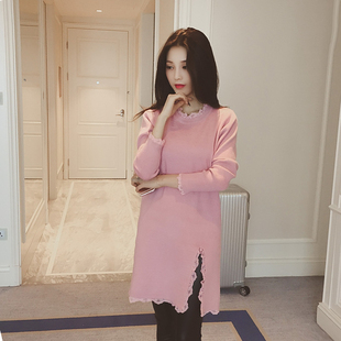 2016冬装新款韩版粉色显瘦蕾丝拼针织长袖打底衫中长款套头毛衣女