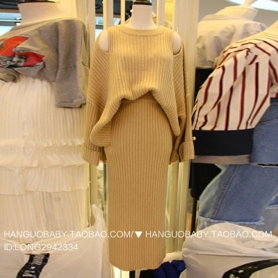 韩国东大门2016新款镂空针织衫高腰包臀一步半身裙两件套装连衣裙