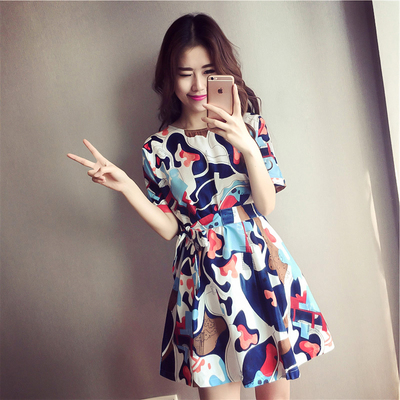 2016夏季新款韩版收腰印花连衣裙显瘦蝙蝠袖a字裙短裙子女 潮