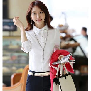 韩版新款镶钻白色衬衫女长袖女装修身通勤V领打底衫职业白衬衣潮