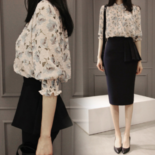 两件套2015夏季新款连衣裙包臀中长裙韩版女装淑女雪纺衬衫套装潮