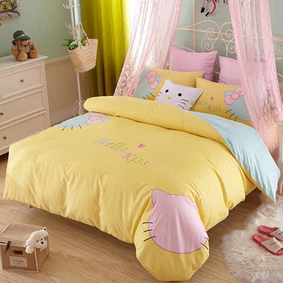 儿童床上用品绣花纯全棉卡通可爱KT床单4四件套女孩黄色1.5米1.8