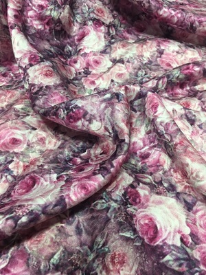 新品粉紫玫瑰花素缎真丝布料面料 女夏季 旗袍 连衣裙等服装面料