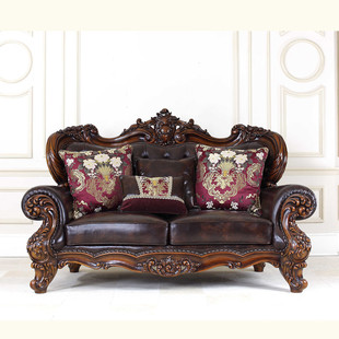 欧式沙发实木皮艺沙发 美式沙发客厅沙发组合新古典雕花沙发定制