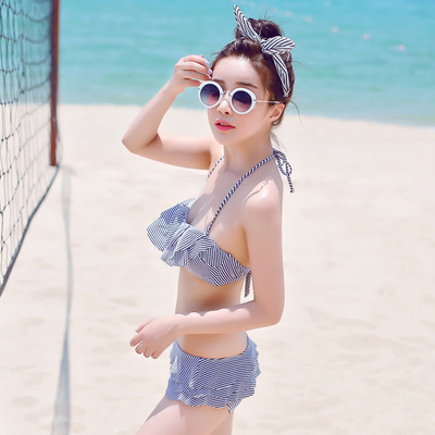 小清新 韩国代购泳衣格子泳衣钢托款分体裙式两件套泳衣系带小胸