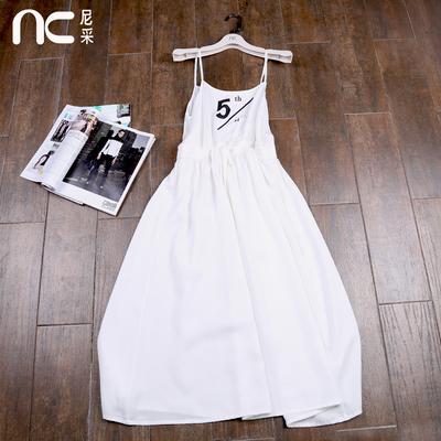 2016春夏女装新款欧美纯色超长宽松棉质吊带连衣裙长裙白色预售