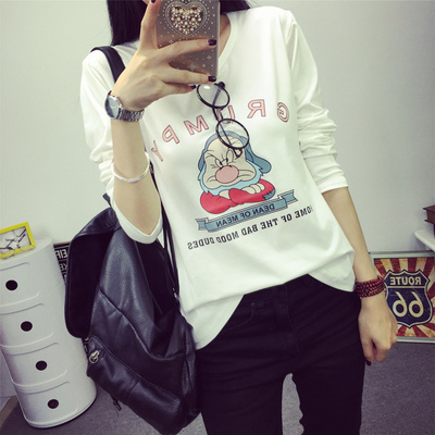 2015年秋季新款韩版女装 宽松学生女上衣卡通印花长袖t恤打底衫潮