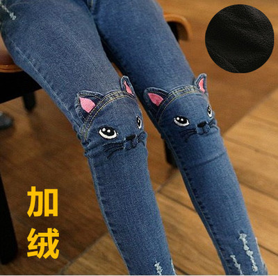 女童冬装新款2015韩版童装儿童卡通猫咪刺绣加绒加厚牛仔裤铅笔裤