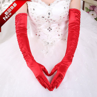 新款新娘手套 红色蕾丝长款过肘带褶皱不露指结婚手套婚纱配件