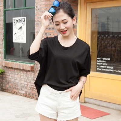 韩也2016夏季新款女装T恤大码宽松个性欧美开叉圆领短袖打底衫潮