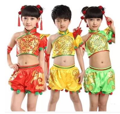 包邮儿童表演秧歌舞儿童舞蹈演出服女童中国开门红装灯笼裤送头饰