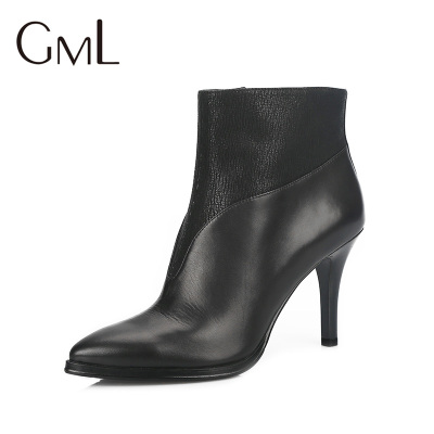 GML女鞋2016新款黑色小牛皮拼接简约优雅高跟尖头女士短靴5123H