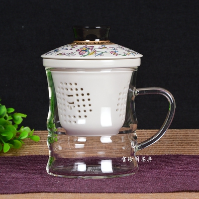 一园茶具花开富贵竹韵杯 玻璃陶瓷泡茶杯水杯 茶杯过滤带盖办公杯