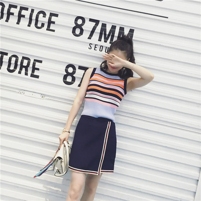 小D家 2016夏季新品时尚显瘦韩版独特配色冰丝条纹针织背心