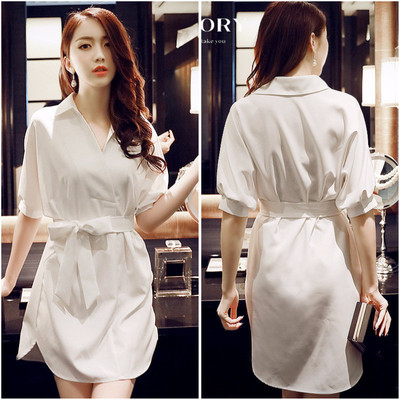 女士短OL中袖工作服正装长款白色衬衫V领衣韩版修身收腰连衣裙