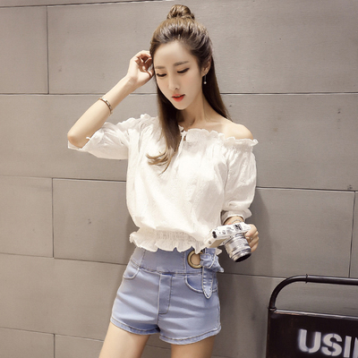夏季新款女装2016韩版气质甜美简约收腰显瘦白色五分袖一字领上衣