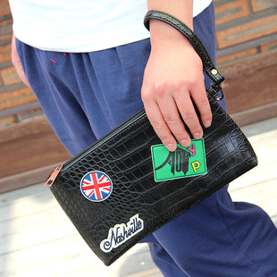 2015韩版新款手拿包潮男式女士包鳄鱼纹勋章漆皮手抓手拿包手机袋