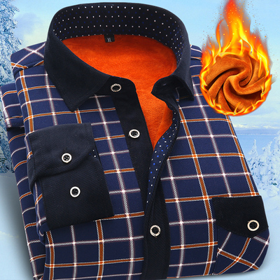 冬季格子保暖衬衫男中年加绒加厚长袖带绒衬衣商务修身爸爸装大码