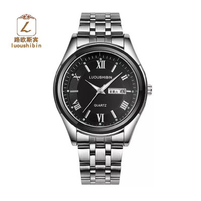 时尚新款正品瑞士双日历防水男士手表精钢男表石英表夜光商务腕表