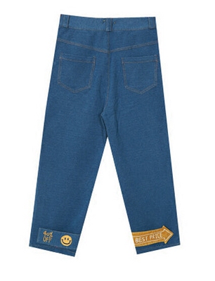 韩国ulzzang 日系学院风童趣塔卡超市系列 女款蓝色仿牛仔直筒裤