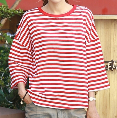 红条纹九分袖T恤 韩版宽松显瘦T恤