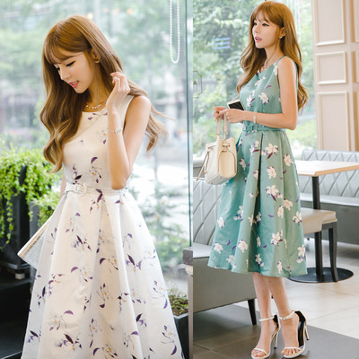 一件代发实拍2016夏季新款女装 韩版潮流收腰印花无袖连衣裙