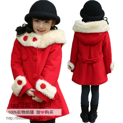 爱必贝正品童装冬装羊毛呢大衣女童加厚外套风衣加厚淑女大红色