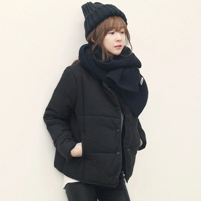 2015冬装韩国新款修身羽绒棉衣加厚直筒棉服外套配围巾