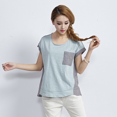 韩都印象韩版新款夏装拼接棉麻短袖女式T恤宽松大码女装9601