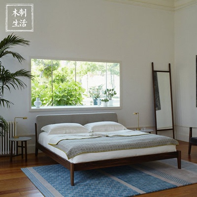 北欧日式美式简约实木床1米8软靠背双人床黑胡桃橡木婚床组装促销
