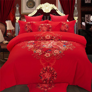 温馨喜庆床上用品四件套婚庆大红提花贡缎4件套床单被套床品件套
