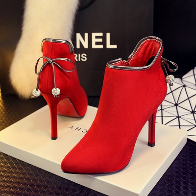 冬季新款短筒女靴性感尖头红色新娘鞋中式婚宴结婚鞋细跟超高跟鞋