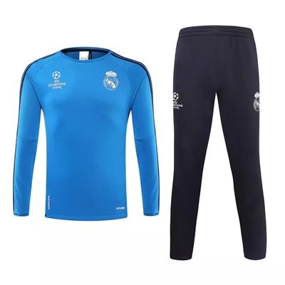 欧冠皇马足球训练服长袖套装 秋冬季足球服保暖加厚球衣蓝白色T恤