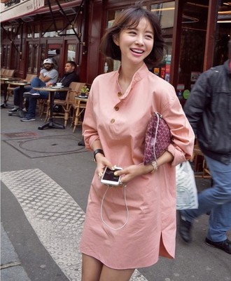 韩国代购女装2015夏秋新款减龄优雅气质扭扣小立领宽松衬衫连衣裙